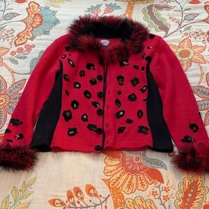 Berek Red and Black M Sweater with Faux Fur